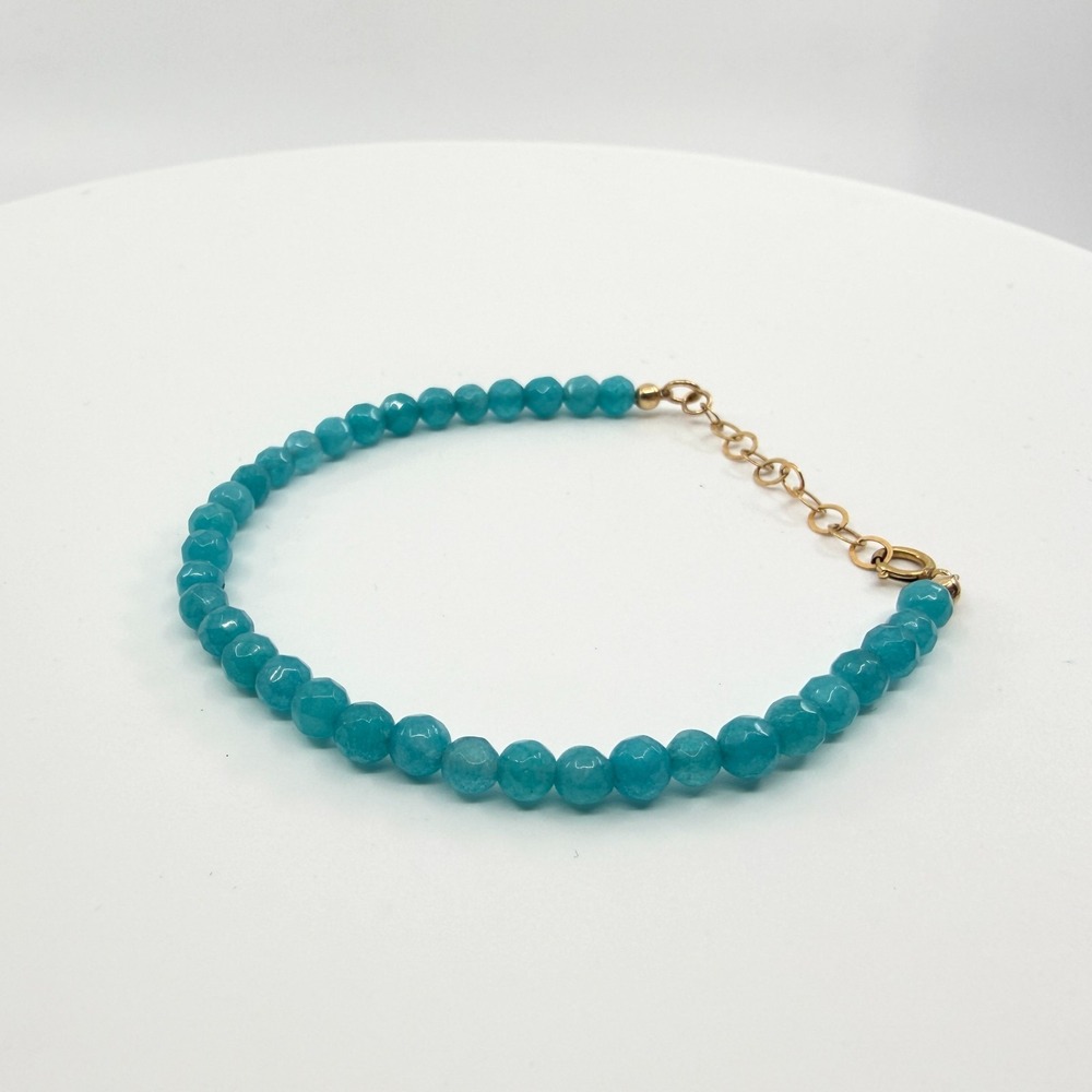 Vintage Boho Faceted Teal Blue Jade Beaded Bracelet Gold Tone Extender Chain